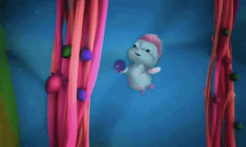 Cartoon Character In Pink Hat Hanging GIF
