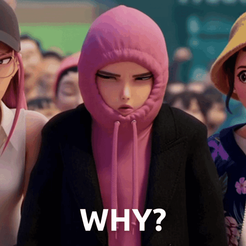 Cartoon Character in Pink Hoodie Saying Why