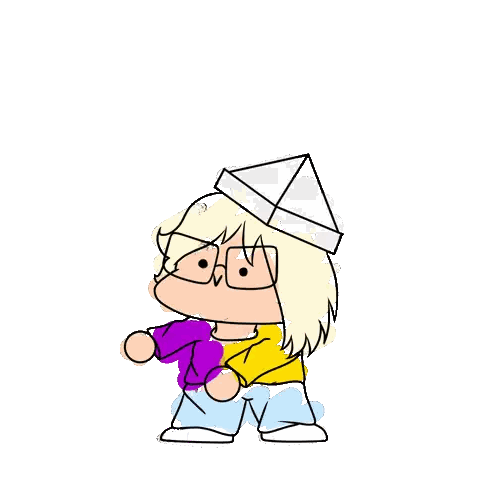 Cartoon Character in Purple and Yellow Sweater with White Pyramid