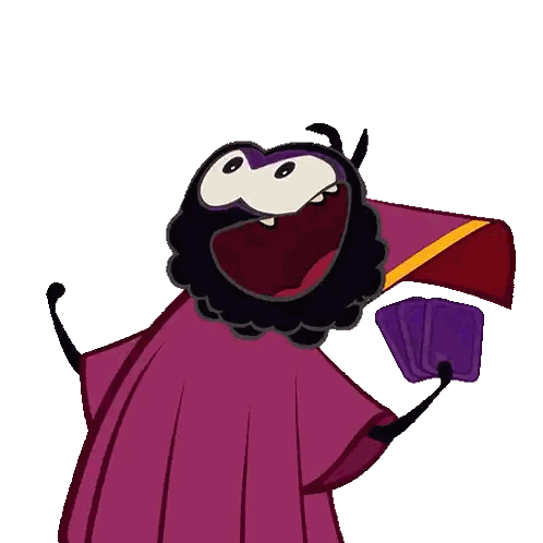 Cartoon Character in Purple Cloak Holding Cards