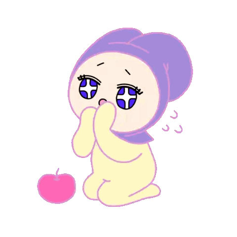 Cartoon Character in Purple Hat Kneeling Next to Apple