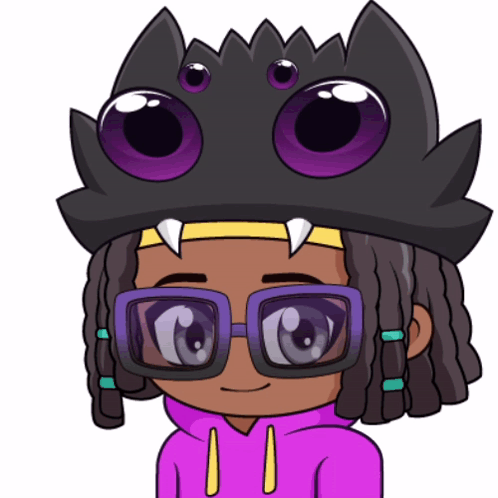 Cartoon Character in Purple Hoodie and Black Hat with Purple Eyes