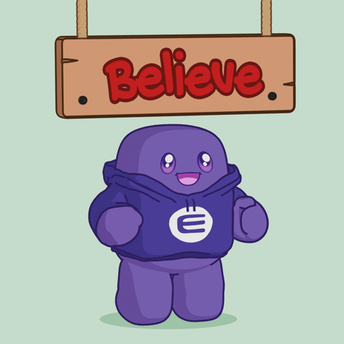 Cartoon Character in Purple Hoodie Under Believe Sign