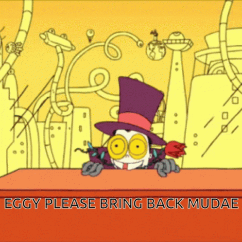 Cartoon Character In Purple Top Hat And Red Rose Asking Eggy To Bring Back Mudae GIF