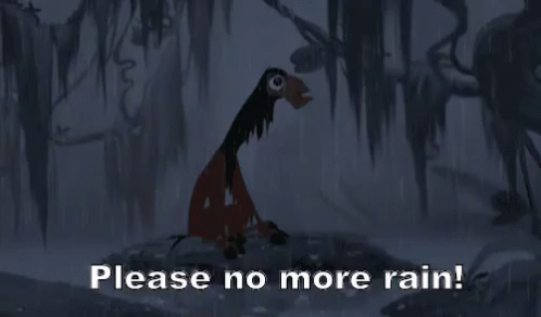 Cartoon Character in Rain Saying Please No More Rain!