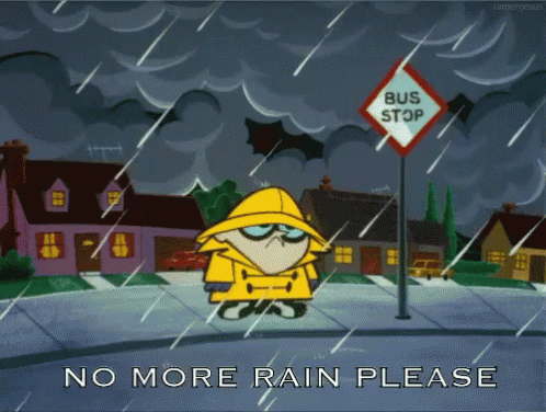Cartoon Character In Raincoat At Bus Stop GIF