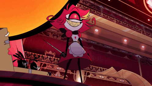 Cartoon Character in Red Dress Holding Sword and Smiling