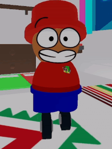 Cartoon Character in Red Hat and Shorts