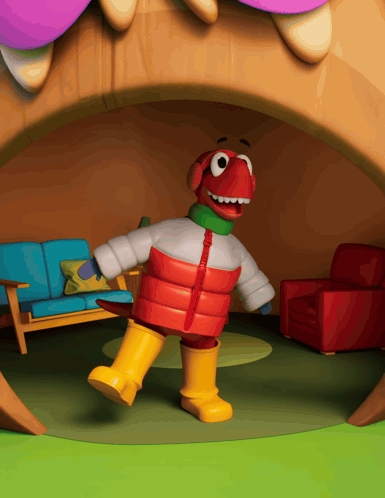 Cartoon Character In Red Jacket And Yellow Rain Boots GIF