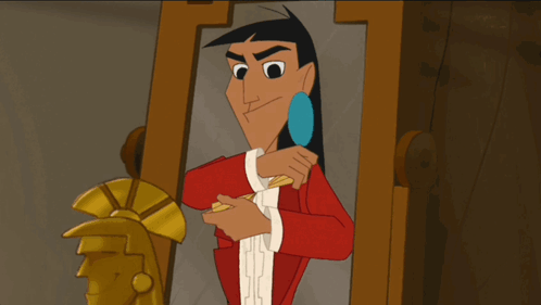 Cartoon Character in Red Jacket Looking in Mirror