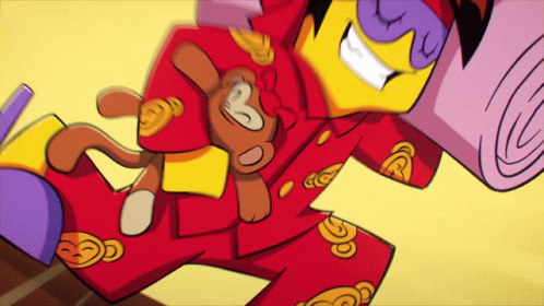 Cartoon Character in Red Pajamas Holding Teddy Bear