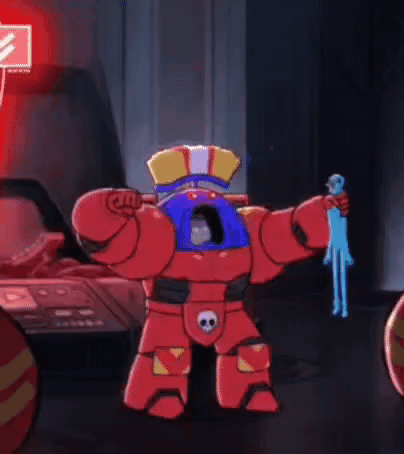 Cartoon Character in Red Suit Holding Blue Object