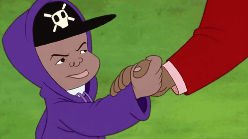 Cartoon Character in Skull Hat Shaking Hands with Another