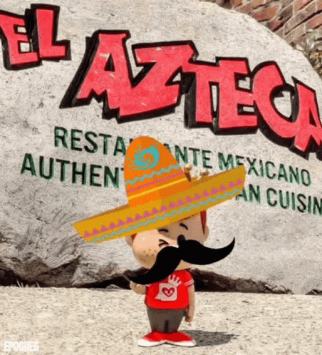 Cartoon Character in Sombrero and Mustache at El Azteca Sign