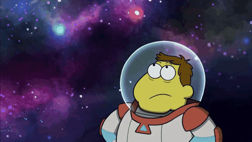 Cartoon Character in Space Suit Looking Up at Stars