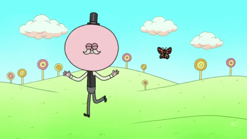 Cartoon Character In Top Hat Running In Field With Butterfly GIF