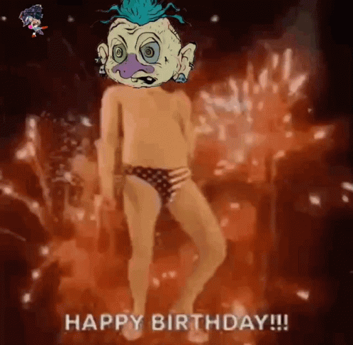 Cartoon Character in Underwear Dancing Fireworks Saying Happy Birthday