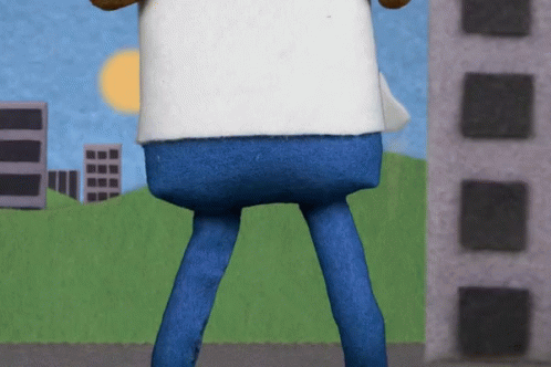 Cartoon Character in White Shirt and Blue Pants in City
