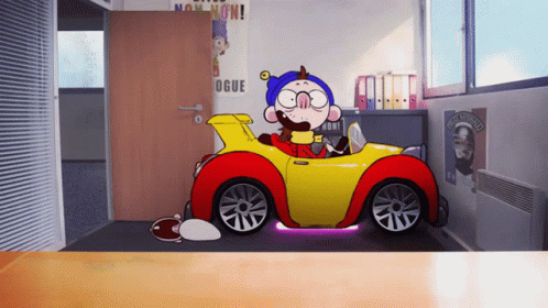 Cartoon Character in Yellow Car With Oque Poster