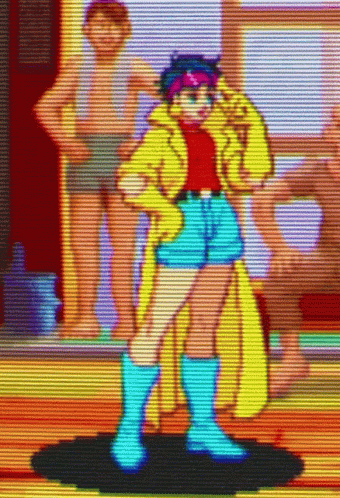 Cartoon Character in Yellow Coat and Blue Shorts