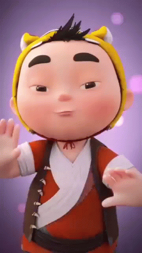 Cartoon Character in Yellow Hat and Red Vest Waving