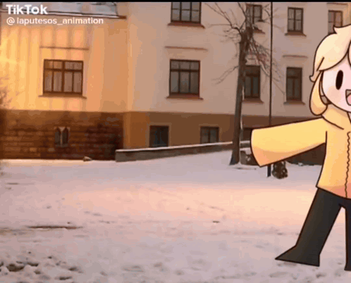 Cartoon Character In Yellow Jacket Standing In Snow GIF