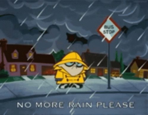 Cartoon Character in Yellow Raincoat at Bus Stop
