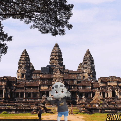 Cartoon Character in Zhot Shirt Before Old Building