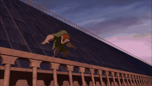 Cartoon Character Jumping Over Fence With Purple Sky