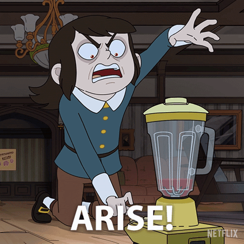Cartoon Character Kneeling Before Blender With Arise