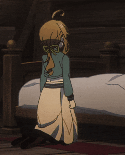 Cartoon Character Kneeling Beside Bed