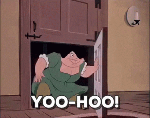 Cartoon Character Kneeling in Doorway Saying Yoo-hoo