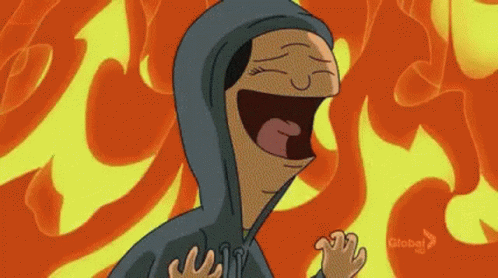 Cartoon Character Laughing in Front of Fire