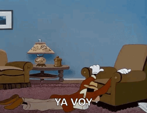 Cartoon Character Laying in Chair Head in Hands Ya Voy