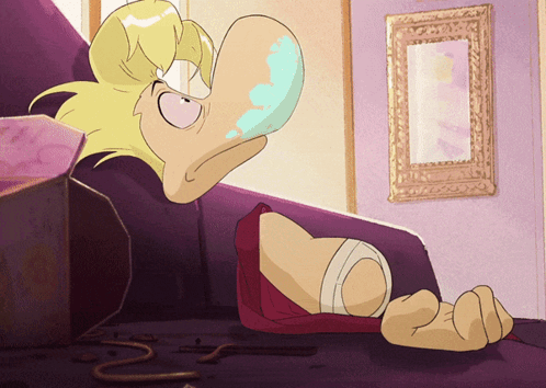 Cartoon Character Laying on Couch With Box