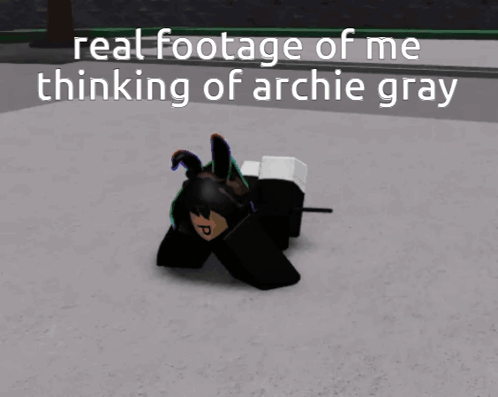 Cartoon Character Laying On Ground Saying Real Footage Of Me Thinking Of Archie Gray GIF