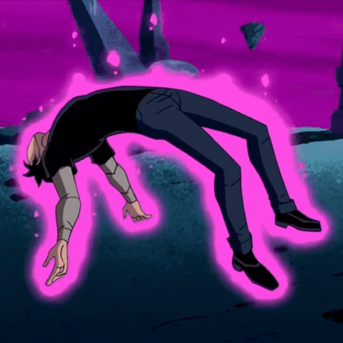 Cartoon Character Laying on Ground With Purple Glow
