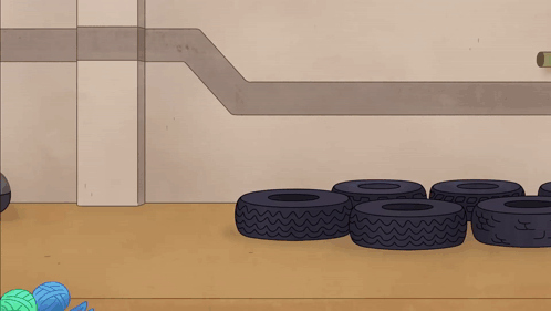 Cartoon Character Laying on Tire With Purple Circle Around Head
