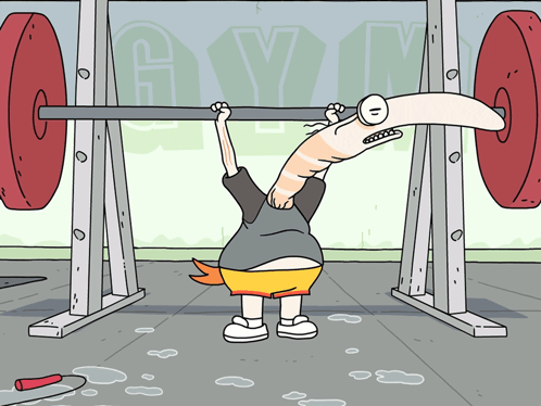 Cartoon Character Lifting Barbell in Gym