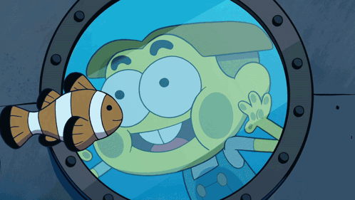 Cartoon Character Looking at Clown Fish Through Window