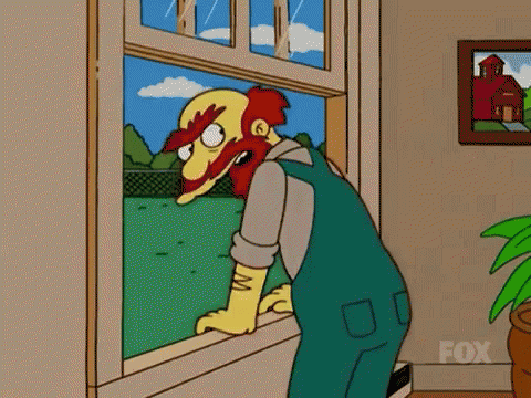Cartoon Character Looking Out Window In Overalls GIF