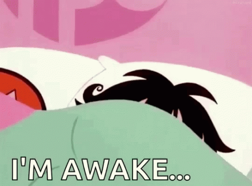 Cartoon Character Lying in Bed Saying Im Awake