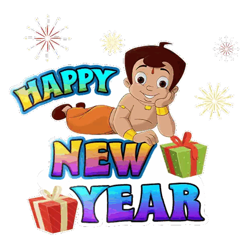 Cartoon Character Lying on Happy New Year Sign