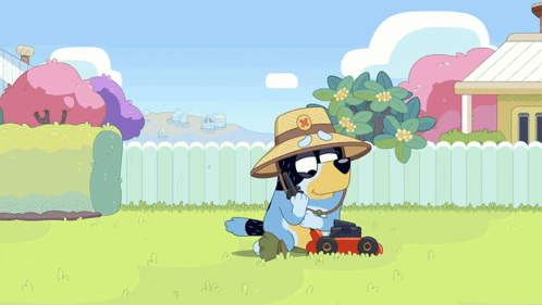 Cartoon Character Mowing Lawn