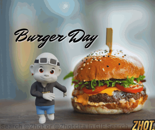 Cartoon Character Next to Burger Day Sign