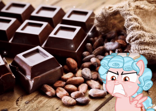 Cartoon Character Next to Chocolate Bar and Cocoa Beans