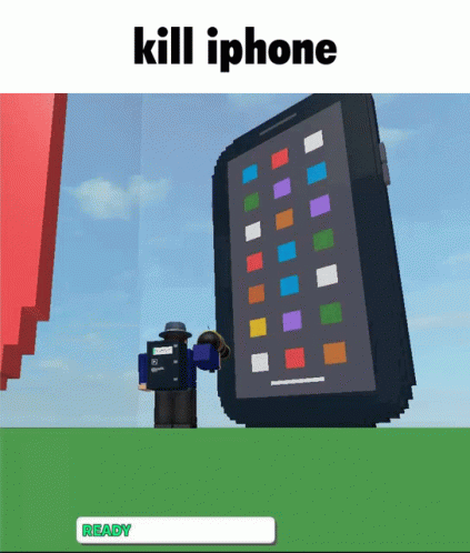 Cartoon Character Next To Giant IPhone Saying Kill IPhone GIF