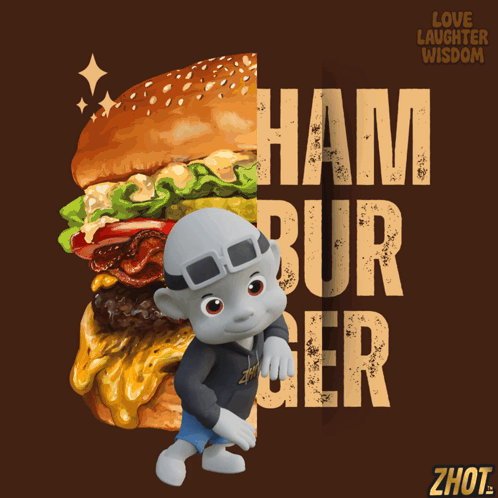 Cartoon Character Next to Hamburger Love Laughter Wisdom