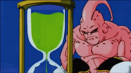 Cartoon Character Next to Hourglass With Green Liquid
