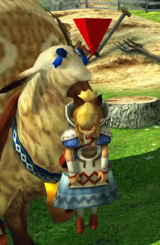 Cartoon Character Next to Large Animal With Red Triangle